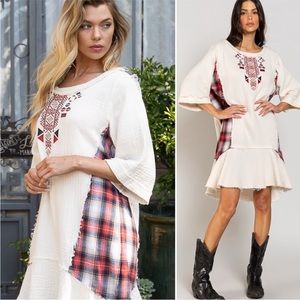 POL White and Red Plaid Mini Dress